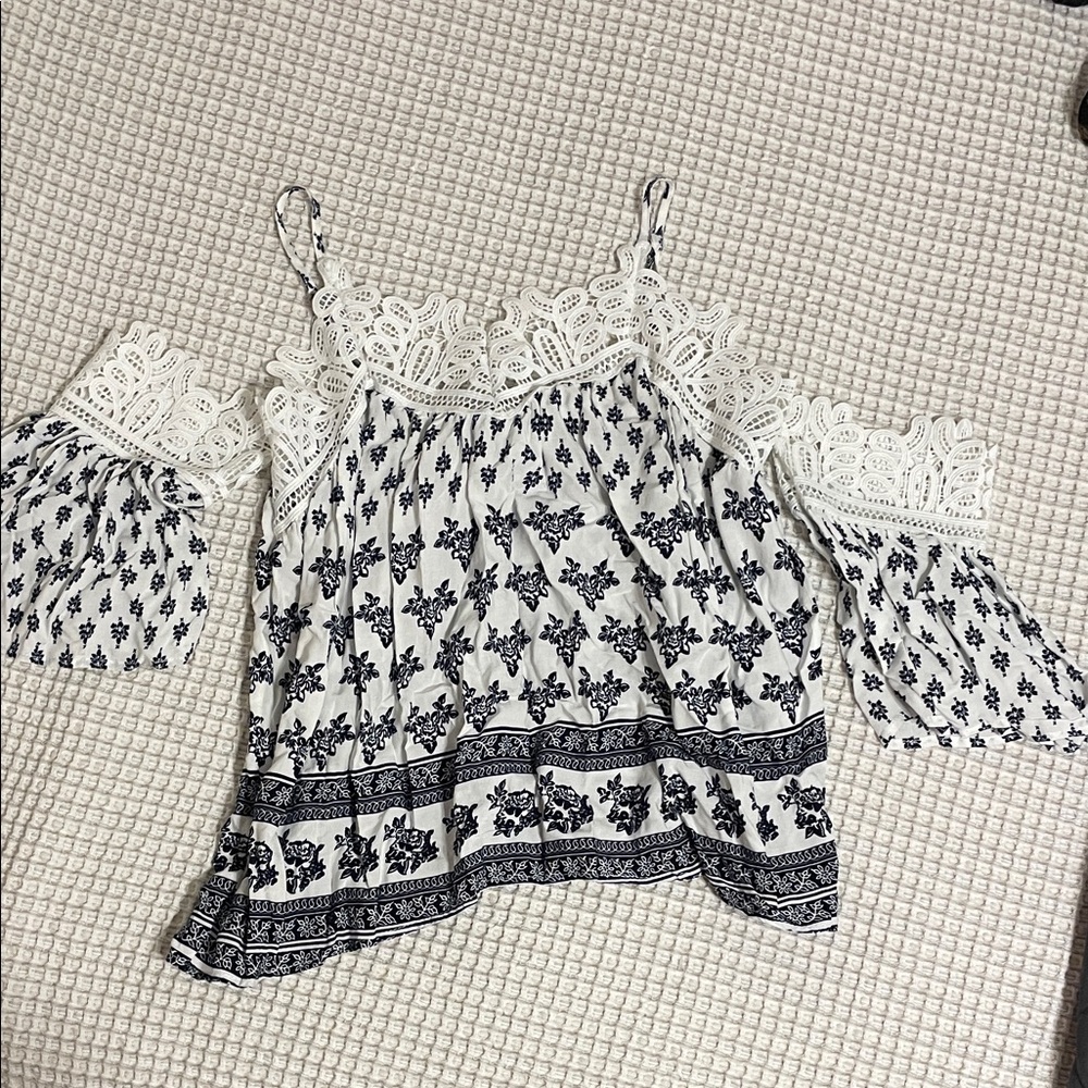 Charlotte Russe Navy and White Floral Lace Blouse